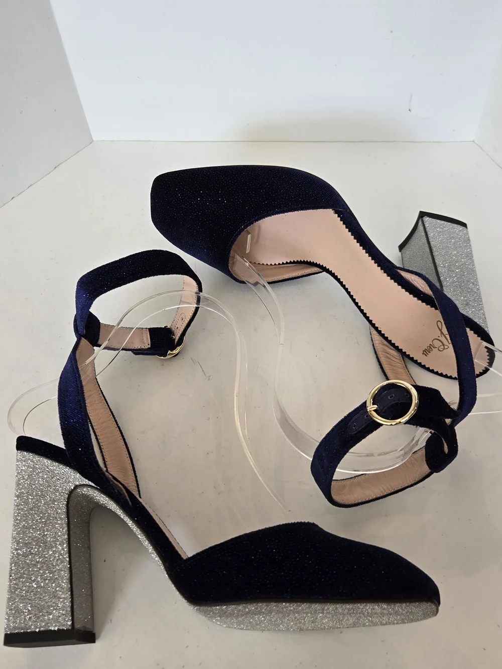 J. Crew Harlow Navy Velvet Ankle-Strap Block Heels Silver Glitter Heel